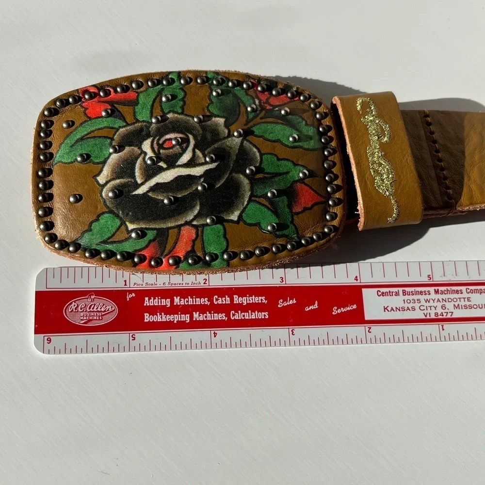 Ed Hardy Leather Belt Yellow Rose Tattoo Buckle Adjustable Size L Vintage Style